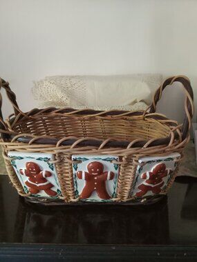 Handwoven Basket with Ceramic Gingerbread People